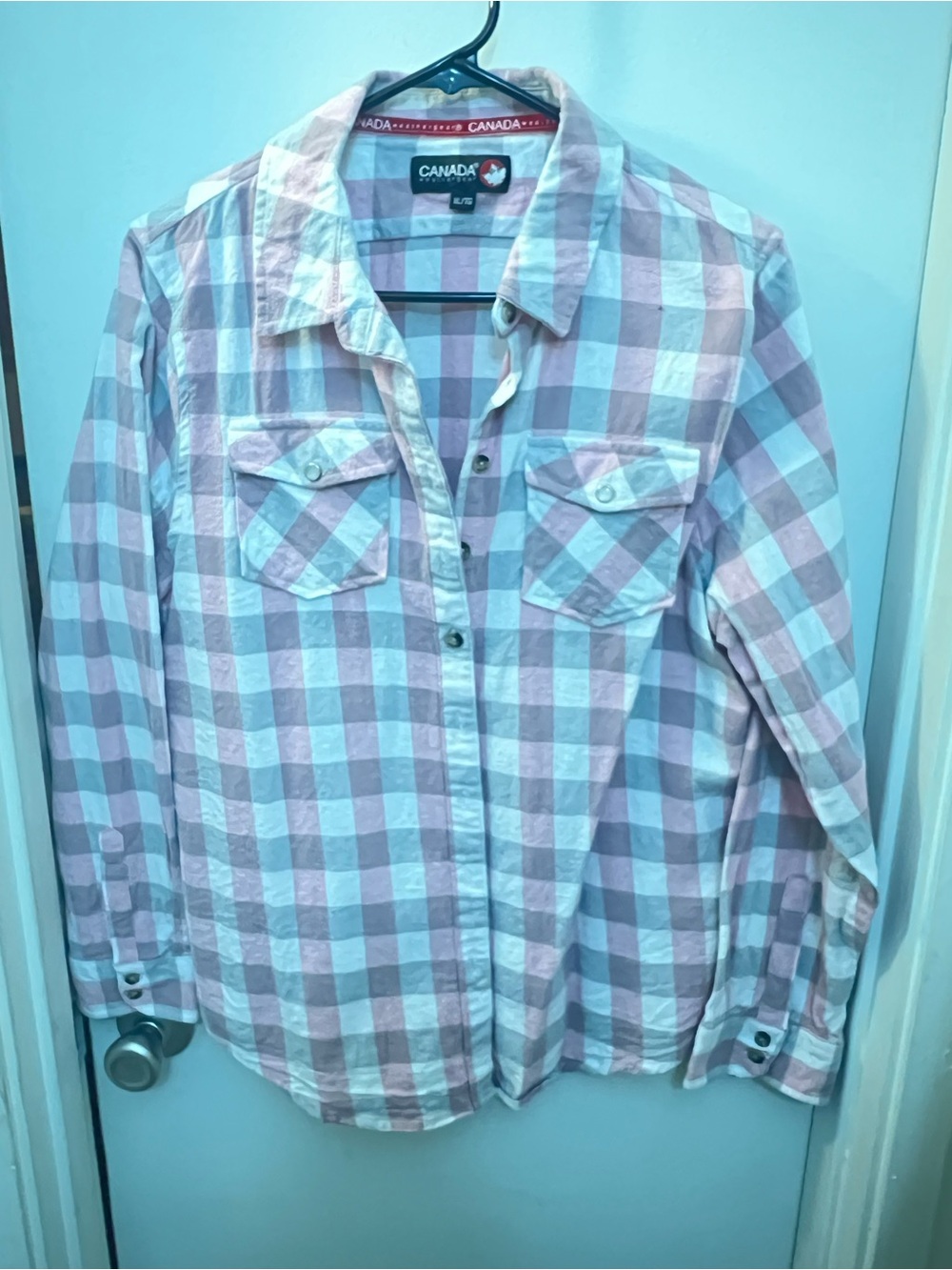 Canada Weather Gear - Button-Up Flannel Plaid Shirt in Pink, White, & Grey
